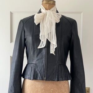 NINE WEST Black Lamb Leather Peplum Waist Crop Jacketc S 4